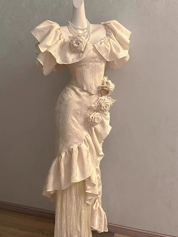 Sheath Square Neckline Floral ivory Long Party Dresses Birthday Outfits With Cap Sleeves SD447